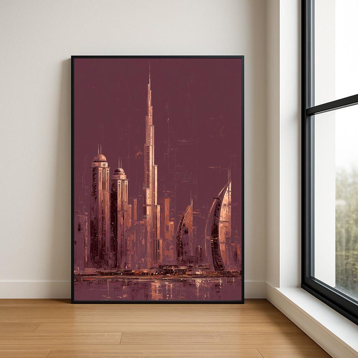 Dubai Skyline Burj Khalifa Burj Al Arab Burgundy Oil Painting Poster