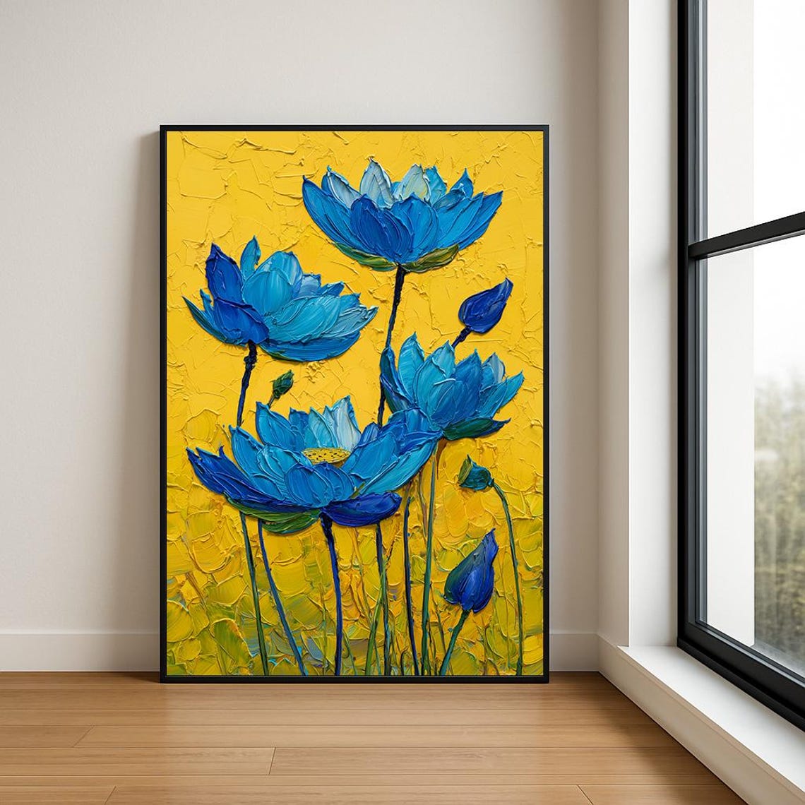 Blue Floral Impasto Oil Painting Bold Gold Background Textured Poster