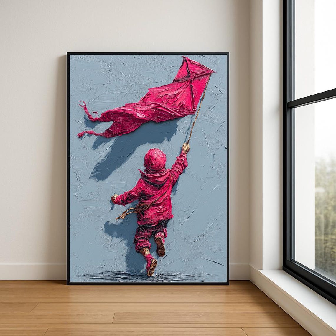 Boy With Red Kite Running Textured Impasto Oil Painting Poster