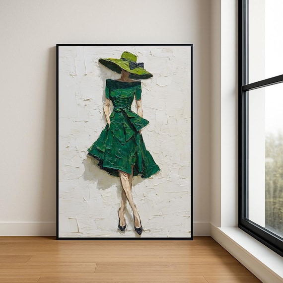 Emerald Green Dress Sunhat Full Figure Impasto Fashion Wall Art