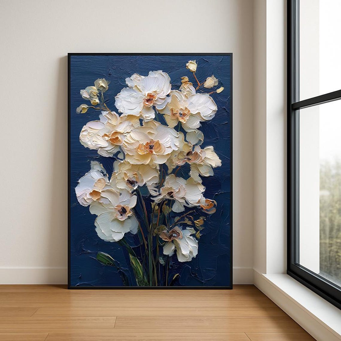 White Orchid Impasto Oil Painting Navy Blue Textured Floral Poster