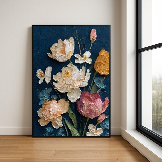 Pastel Tulips Peonies Navy Blue 3D Impasto Floral Oil Painting Poster