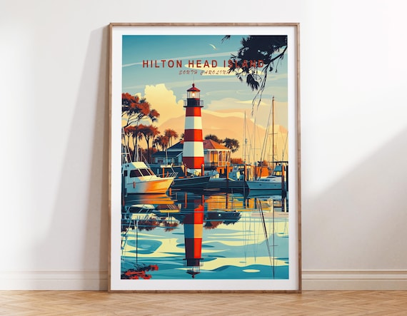 Hilton Head Island Lighthouse Marina Sunset South Carolina Travel Poster