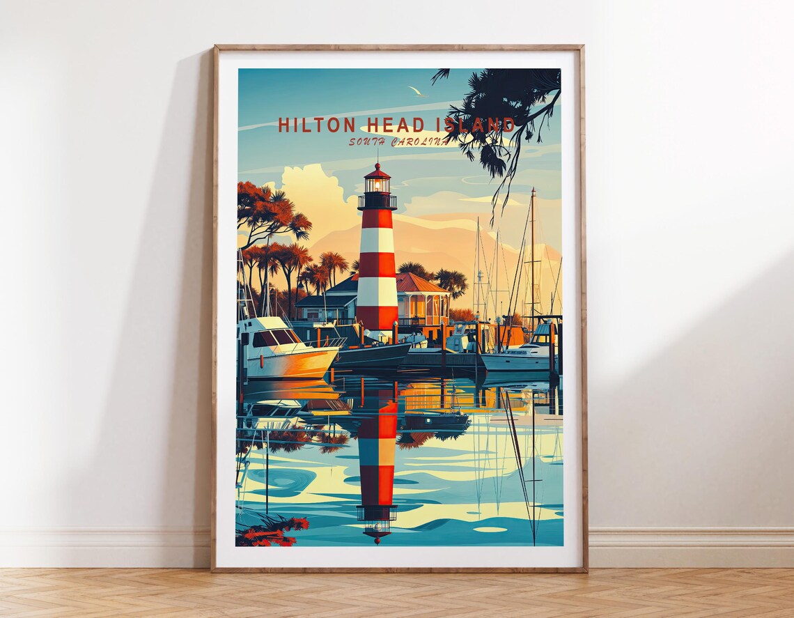 Hilton Head Island Lighthouse Marina Sunset South Carolina Travel Poster