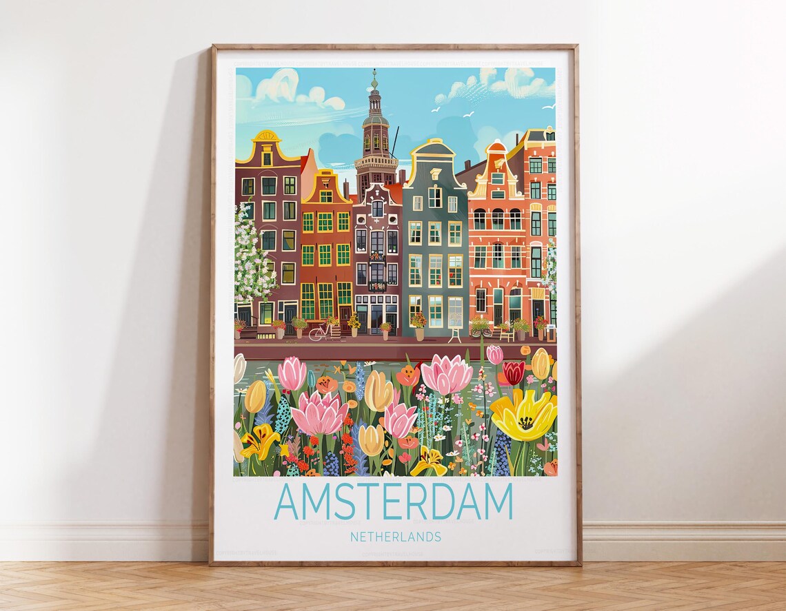 Amsterdam Netherlands Canal Houses Tulips Colorful Travel Poster