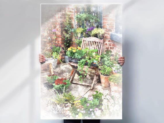 Rustic English Garden Nook With Vibrant Blooms Or Print Option