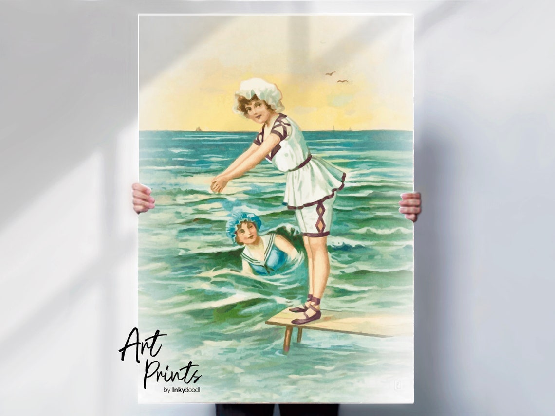 Vintage Edwardian Bathing Beauties Diving Into Sea Beach Poster