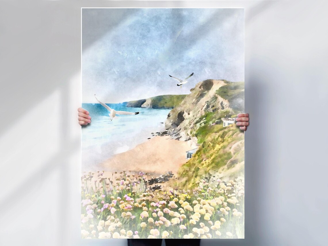 Watergate Bay, Cornwall Watercolour Art Poster