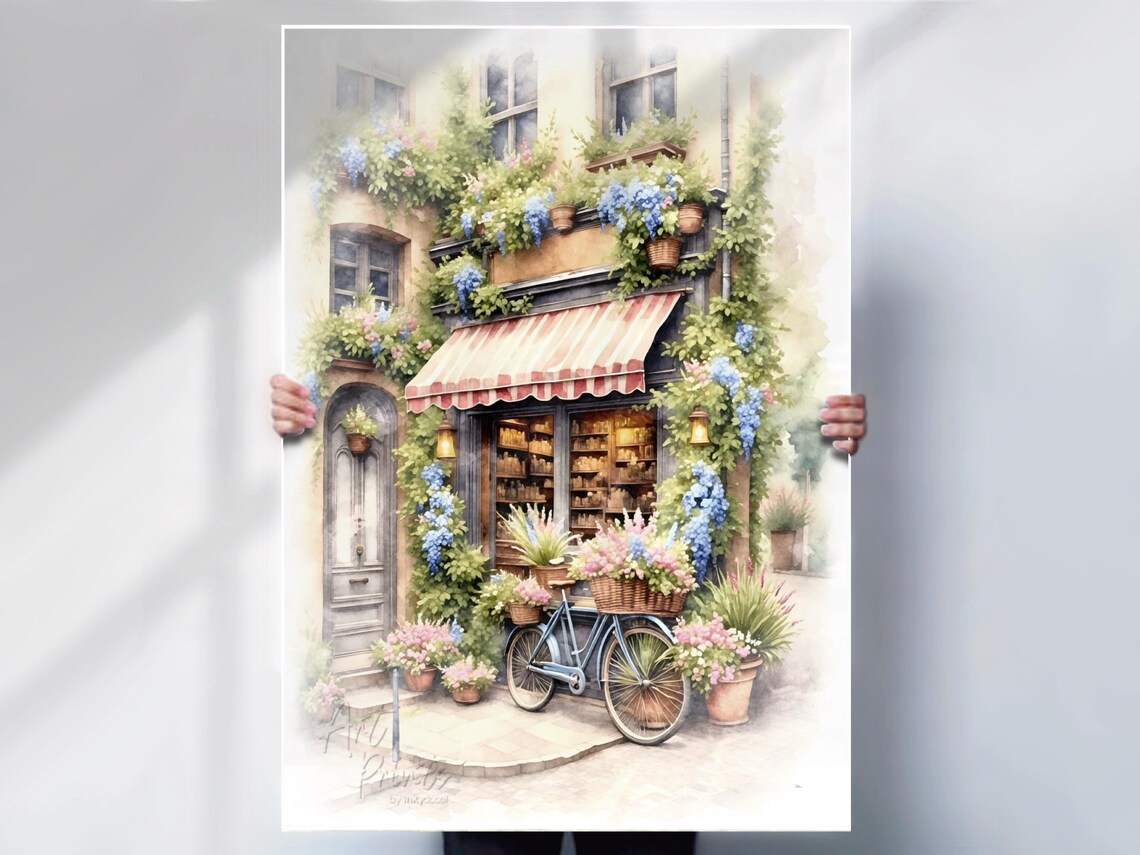 Parisian Boutique Shop Awning Wisteria Watercolor French Street Poster