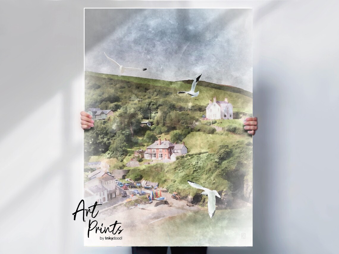 Llangrannog Wales Cardigan Bay Beach Village Watercolor Coast Poster
