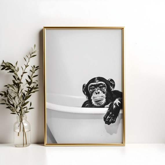 Chimp In The Bath Art Print Animal In Bathtub Artwork Quirky Above Toilet Poster Chimp Lover Gift For Mum Funny Bathroom Wall Decor
