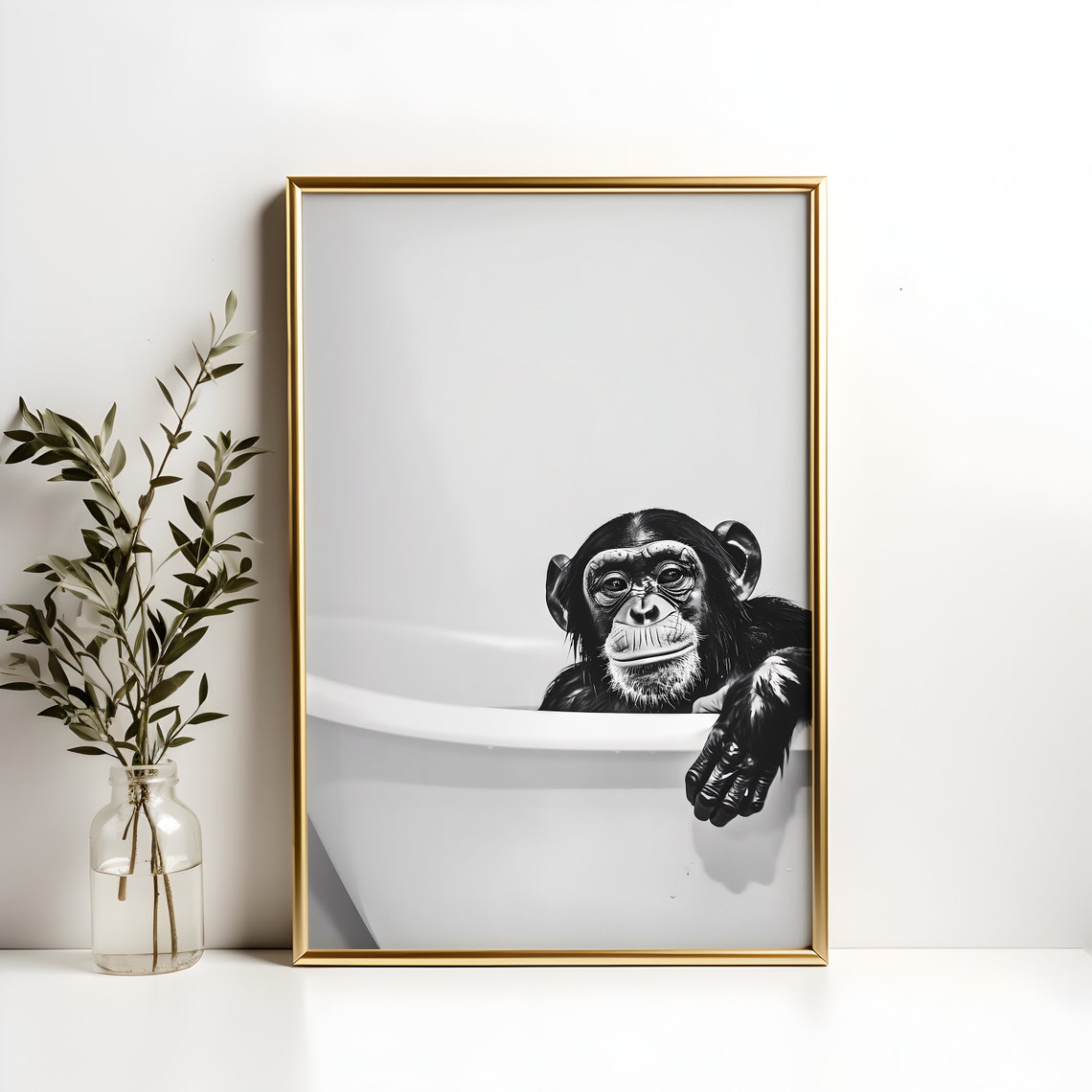 Chimp In The Bath Art Print Animal In Bathtub Artwork Quirky Above Toilet Poster Chimp Lover Gift For Mum Funny Bathroom Wall Decor