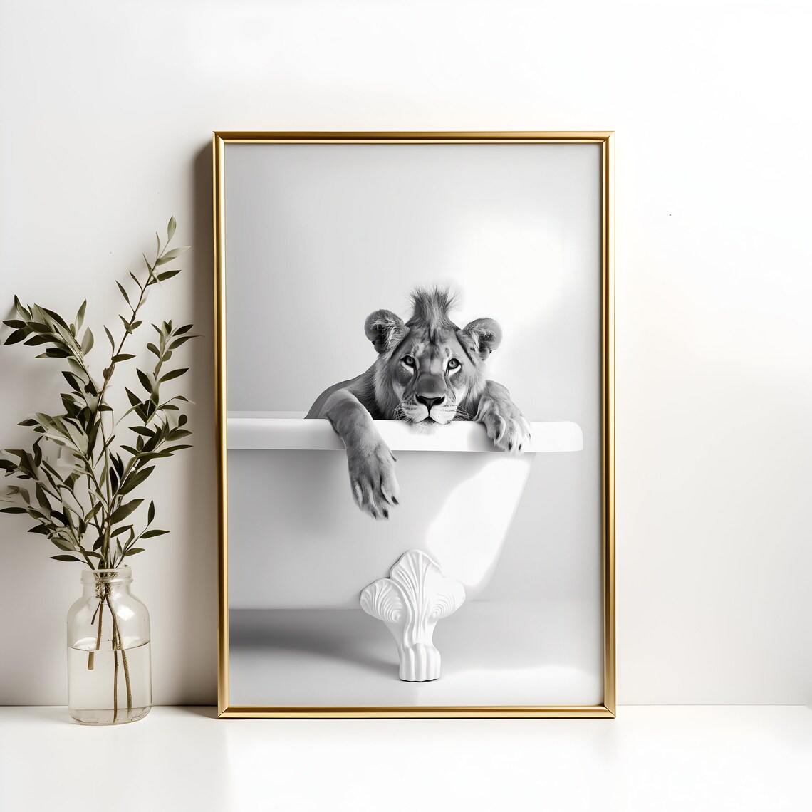 Lioness Resting On Vintage Bathtub Black And White Funny Poster