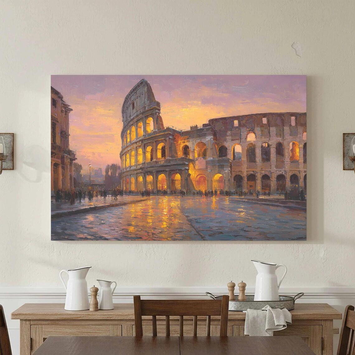 Colosseum Rome Sunset Golden Hour Wet Plaza Oil Painting Art Poster