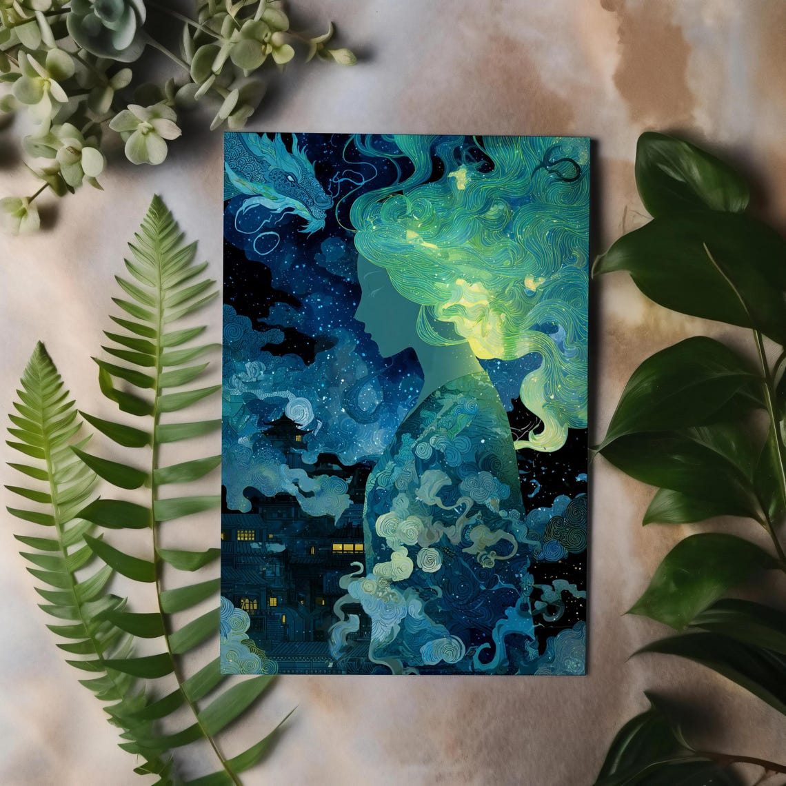 Asian Woman Dragon Fantasy Art Print Anime Wall Decor
