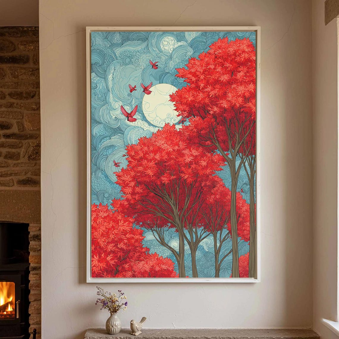 Autumn Forest Canvas Wall Art Red Maple Trees Nouveau Print