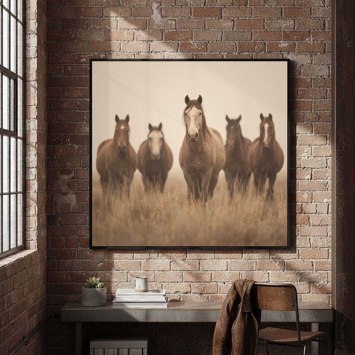 Five Horses Walking Through Golden Grass Warm Rustic Photo Poster