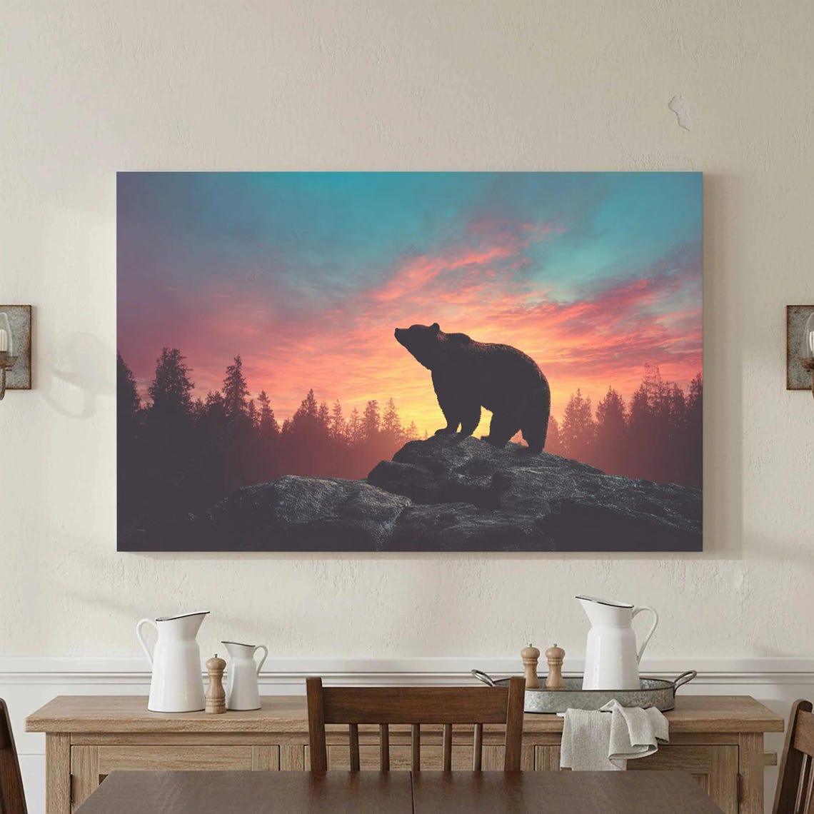 Bear Silhouette on Rocks at Colorful Sunset Wilderness Art Poster