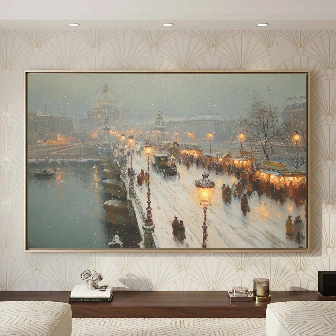 Snowy Christmas Market Bridge Winter Lights Impressionist Poster