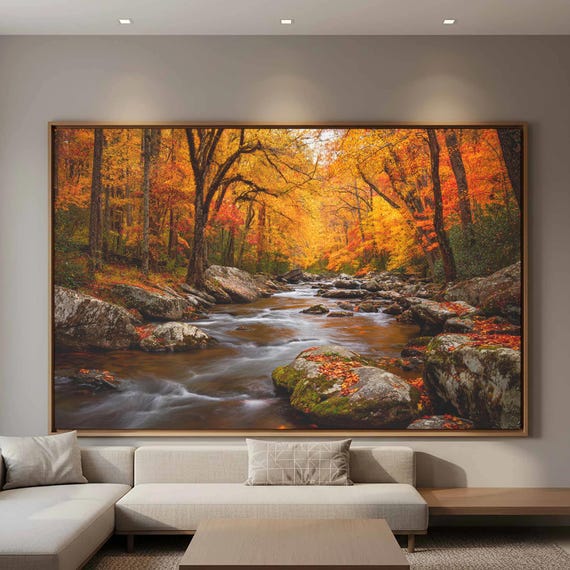 Autumn Forest Stream Canvas Print Fall Landscape Wall Art