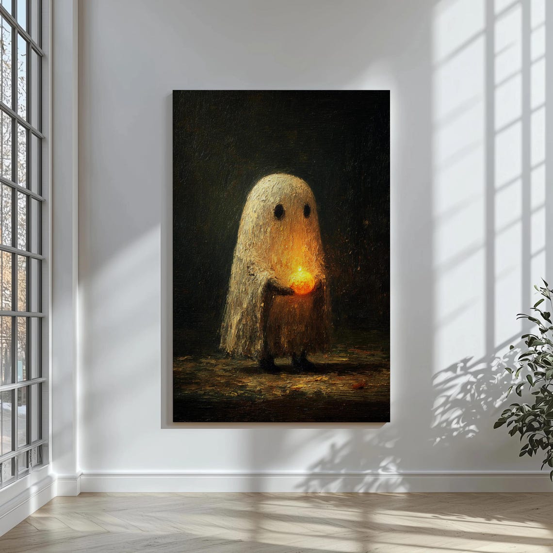 Cute Ghost Holding Candle Dark Painterly Halloween Decor Poster