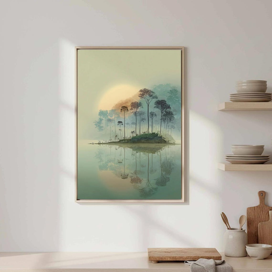 Misty Sunrise Lake Reflection Tall Tree Island Dreamy Art Poster