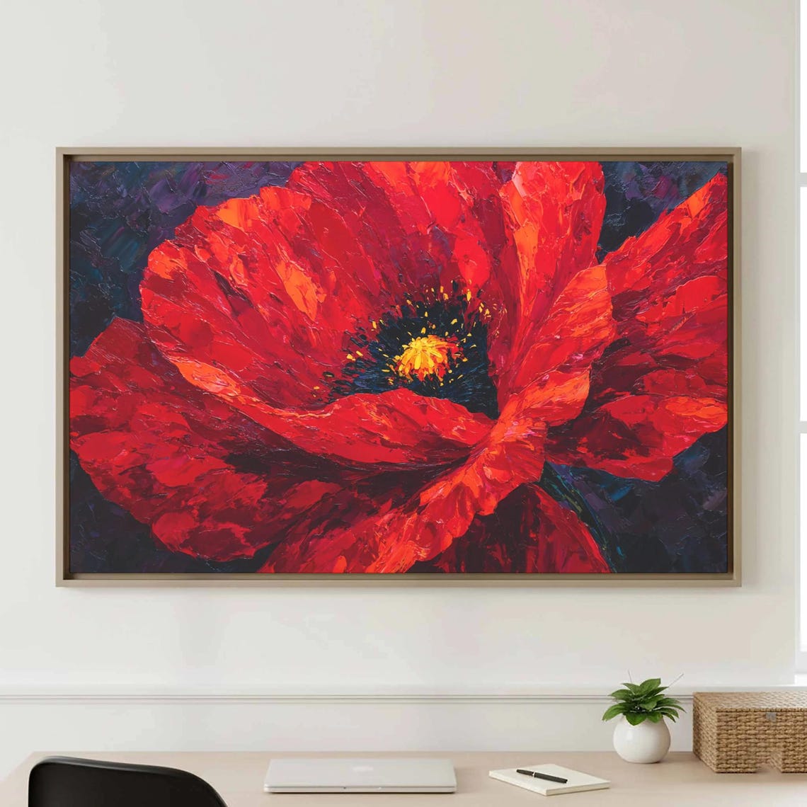Giant Red Poppy Flower Close Up Dramatic Oil Painting Art Poster