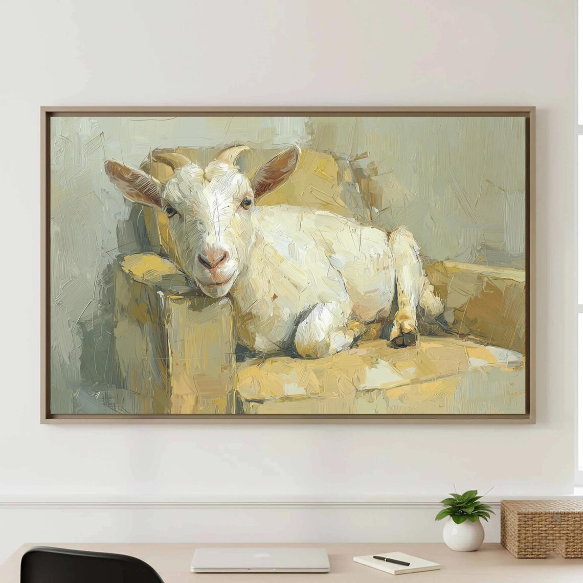 Relaxing White Goat Impressionist Oil Painting Funny Animal Wall Art