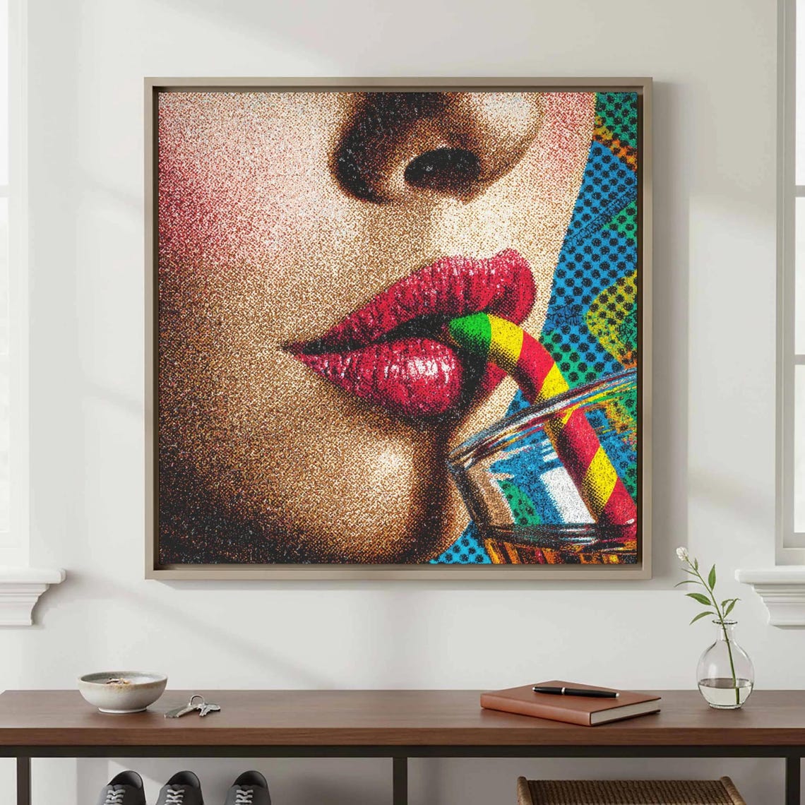 Pop Art Red Lips Drinking Straw Halftone Canvas Style Art Poster