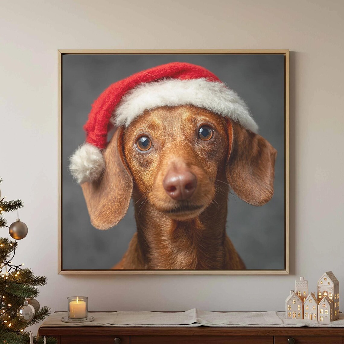 Dachshund Santa Hat Christmas Dog Portrait Holiday Decor Canvas Print