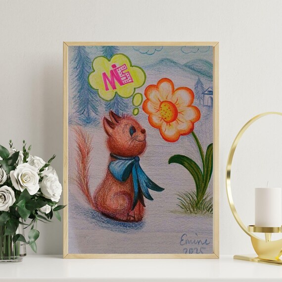 Cute Orange Kitten With Blue Scarf Flower Colored Pencil Poster