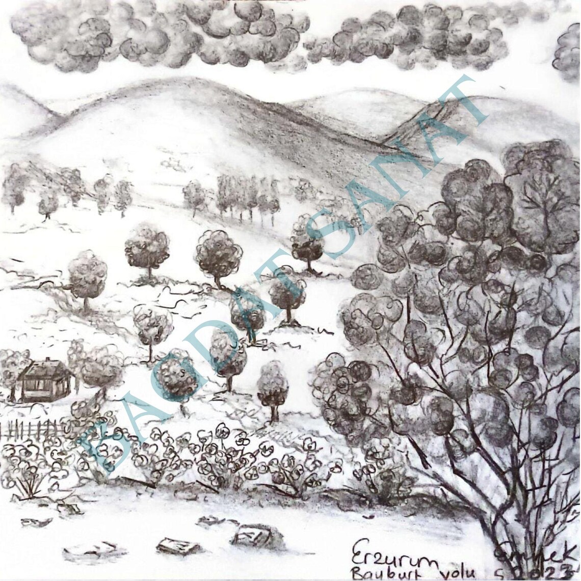 Erzurum Turkiye Charcoal Pencil Landscape Hills Sketch Poster - Image 3