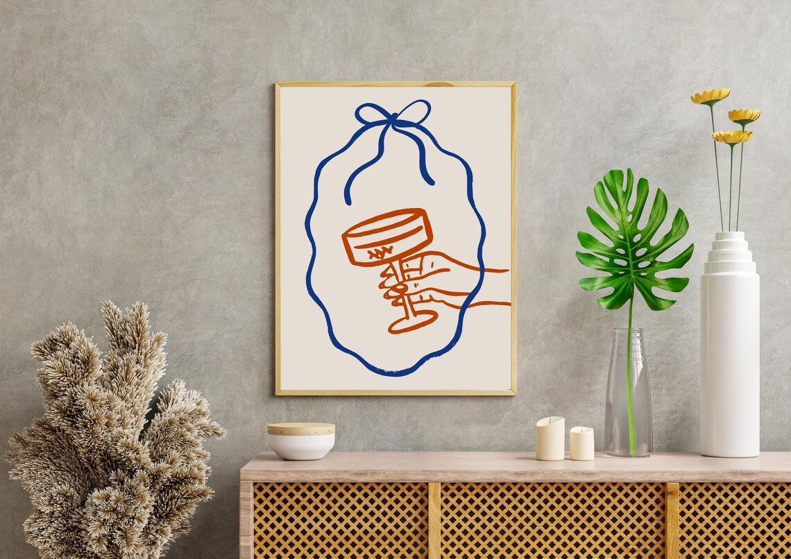 Hand Holding A Cocktail In Minimalist Line Art With Bow Poster - Image 2