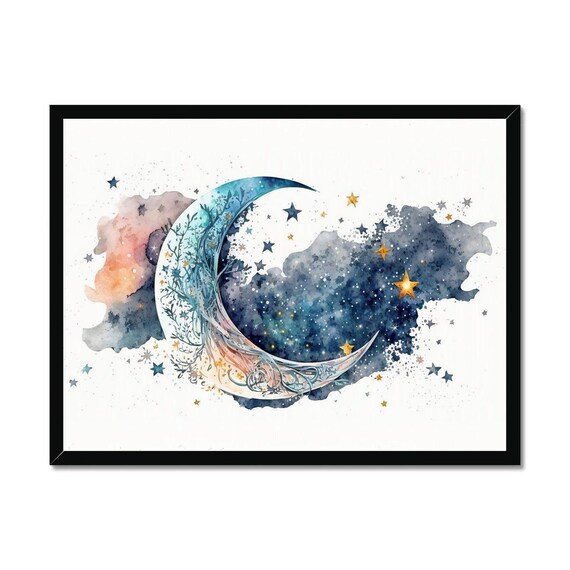 Watercolor Crescent Moon Starry Night Celestial Sky Wall Art
