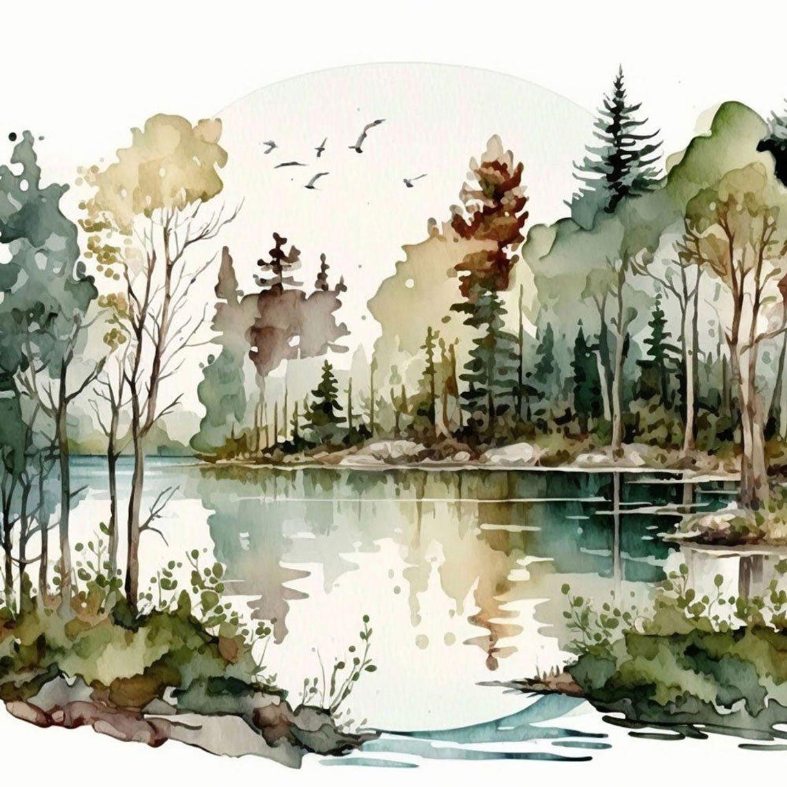 Tranquil Lake Forest Watercolor Calm Woodland Scenery Poster - Image 2