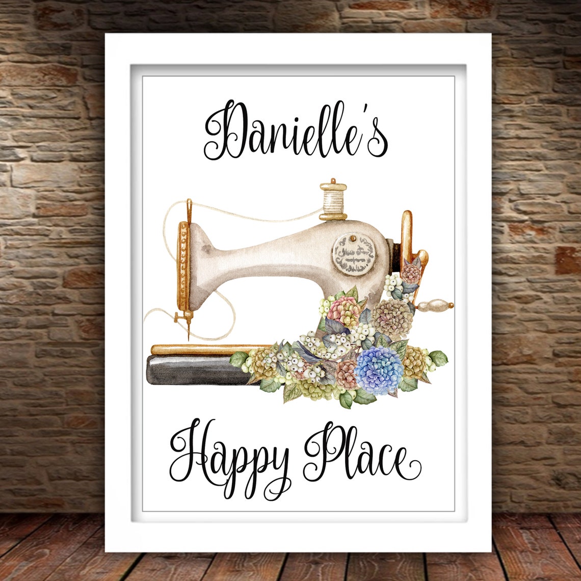 Happy Place Sewing Machine Hydrangea Personalized Craft Art Print - Image 2