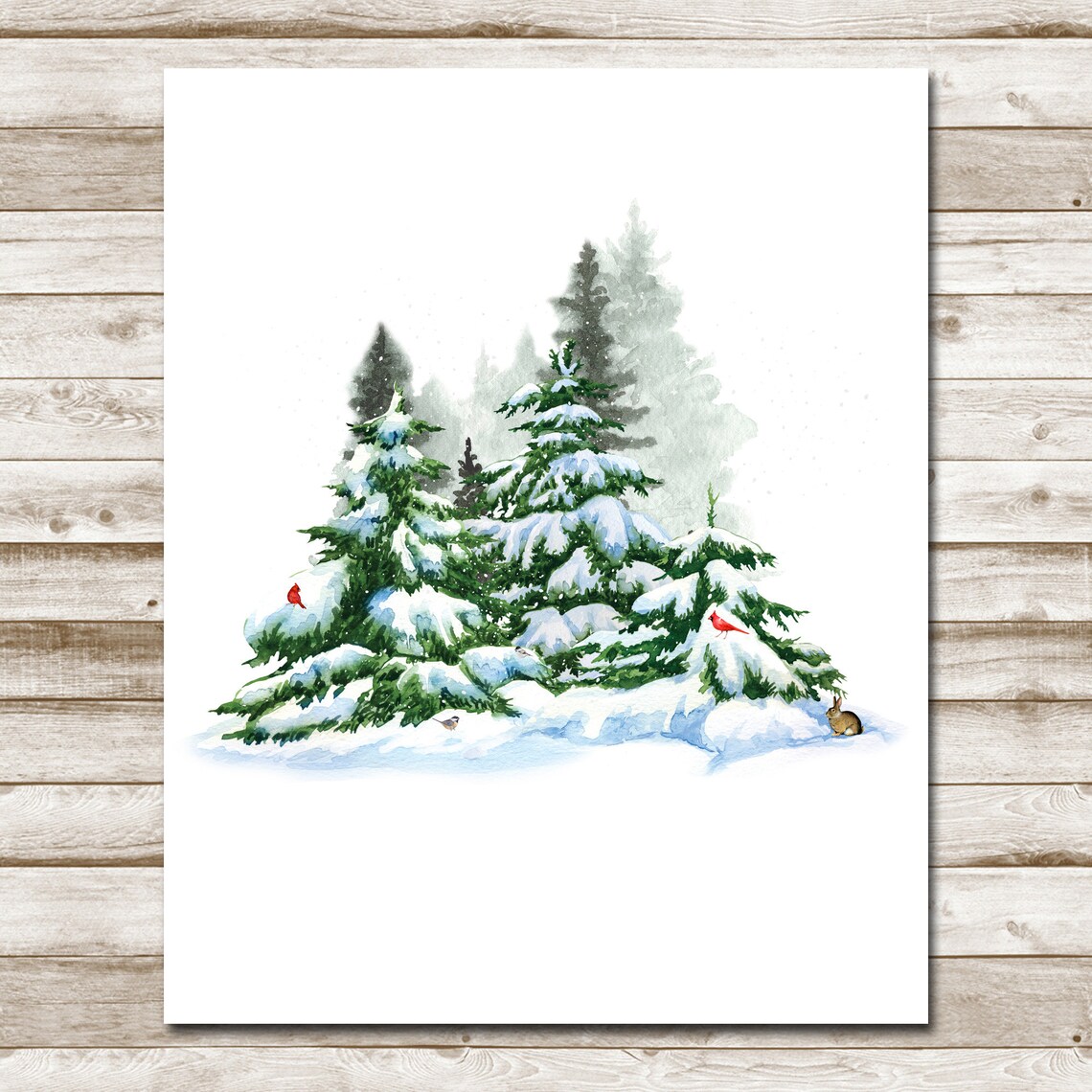 Snowy Evergreen Trees Watercolor Winter Woodland Red Cardinals Poster - Image 4