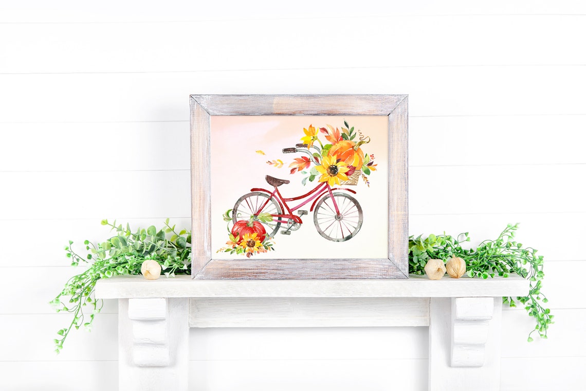 Red Bicycle With Sunflowers And Pumpkins Fall Watercolor Poster - Image 2