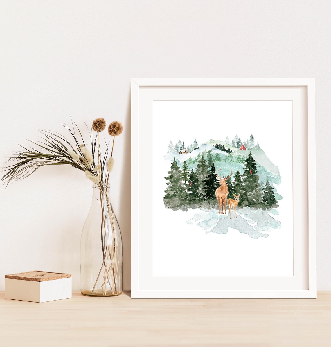 Winter Deer Buck And Doe Snowy Mountain Forest Watercolor Wildlife Poster - Image 3