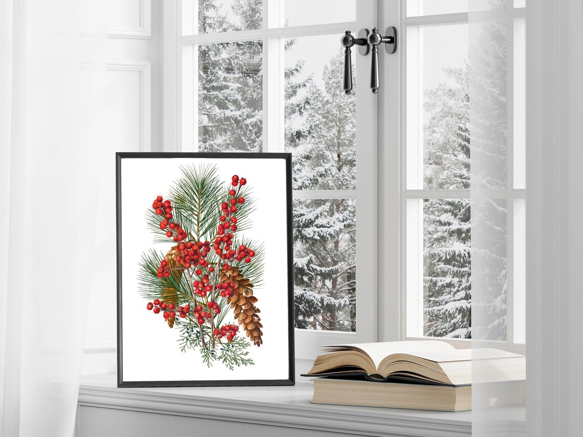 Christmas Pine and Red Berry Watercolor Botanical Holiday Poster - Image 2