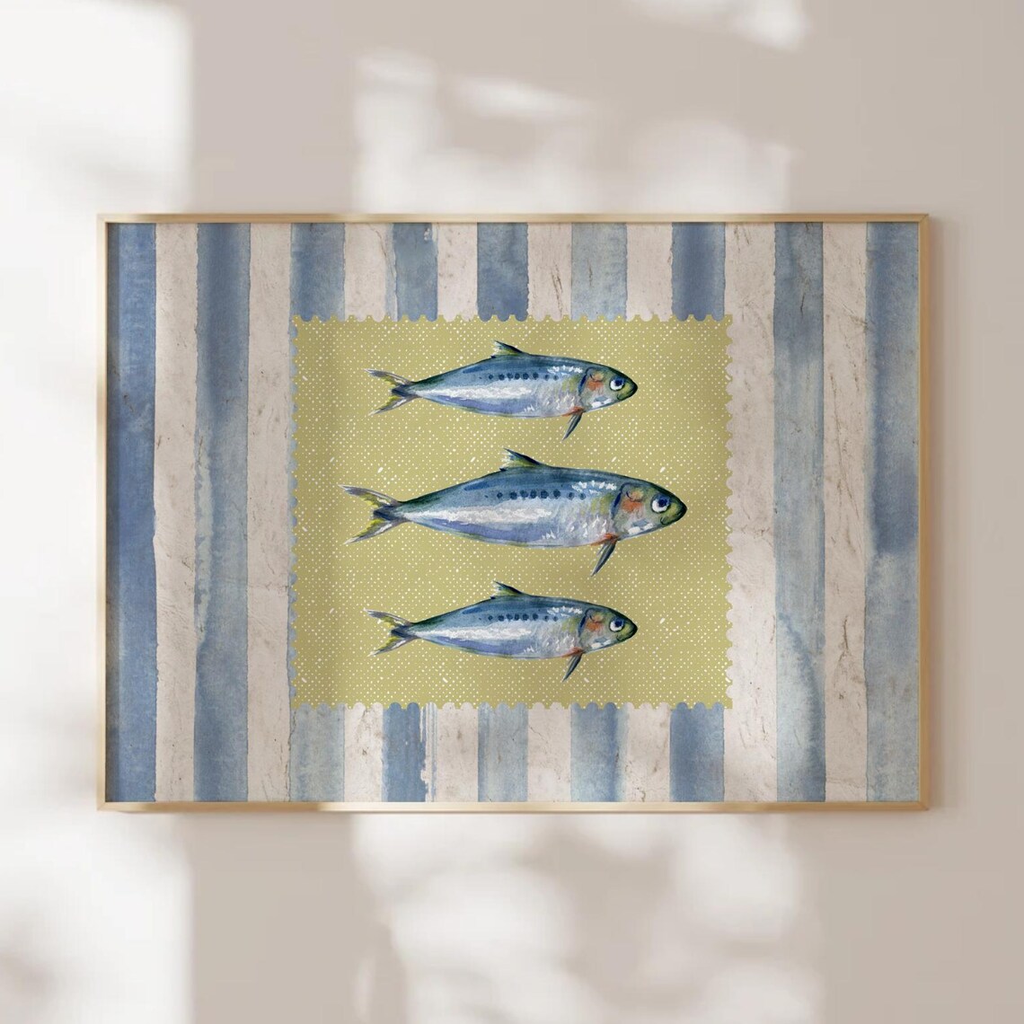 Vintage Striped Sardines Fish Print Kitchen Retro Wall Art Rustic Mid Century Modern Food Home Decor