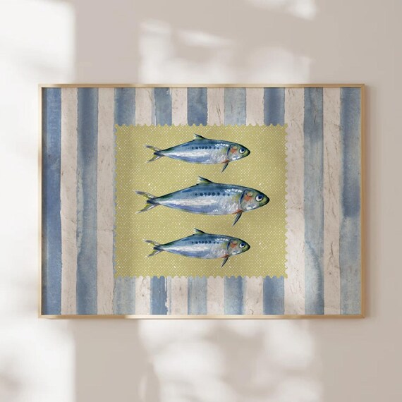 Vintage Striped Sardines Fish Print Kitchen Retro Wall Art Rustic Mid Century Modern Food Home Decor