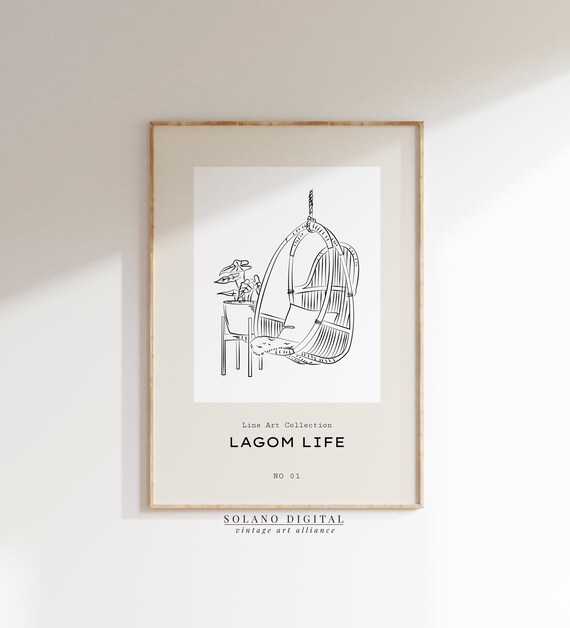 Scandinavian Hanging Chair Line Art Lagom Style Wall Minimalist Plant Poster Modern Boho Print