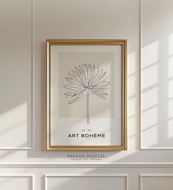 Palm Leaf Line Art Print Minimalist Botanical Wall Boho Decor Poster Neutral Plant For Home