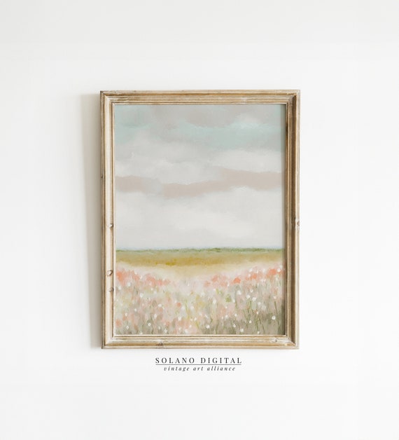 Spring Landscape Print Cloudy Sky Wall Art Country Farmhouse Oil Painting Neutral Pastel Girls Room Decor