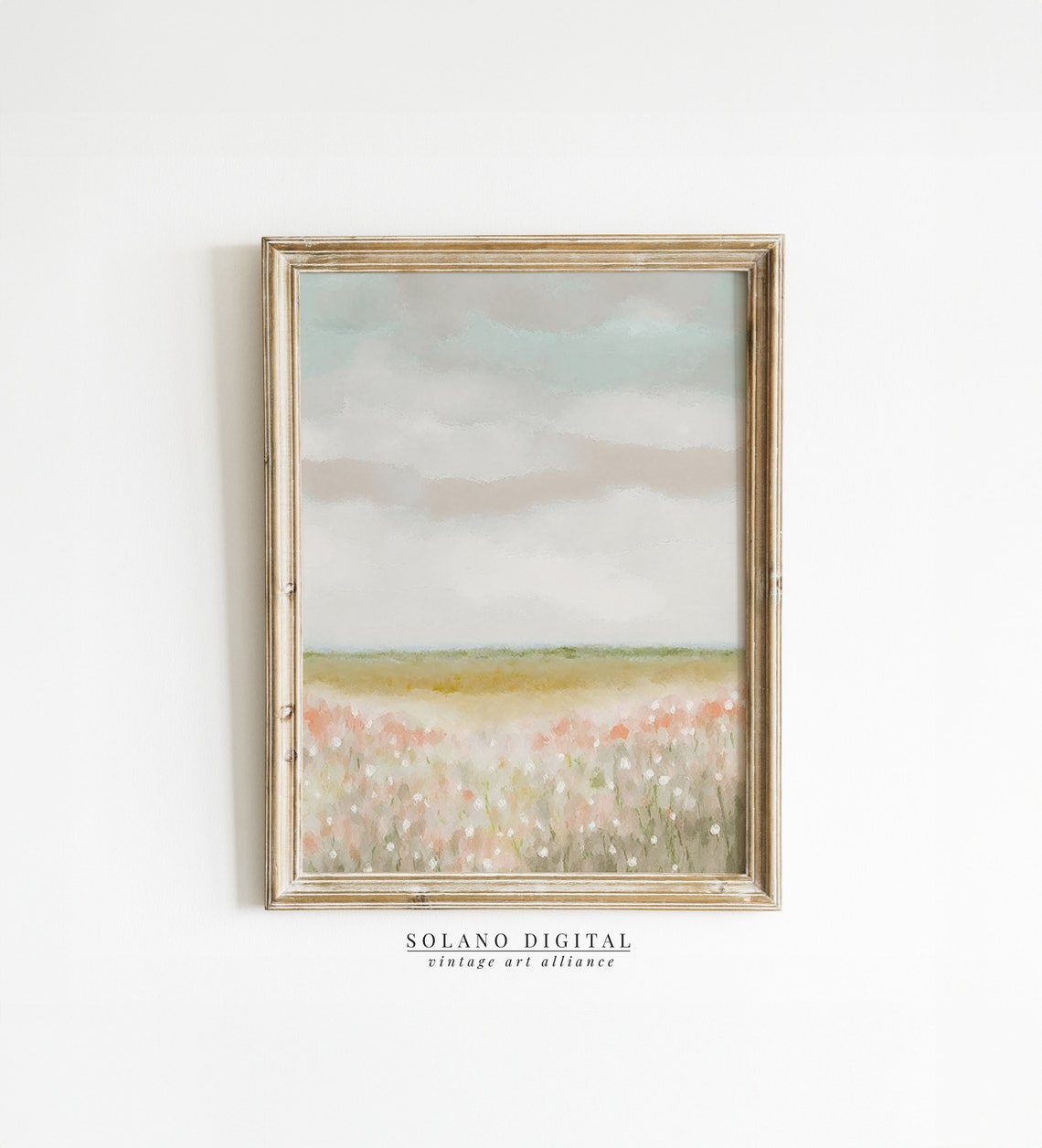 Soft Pastel Wildflower Meadow Field Beneath a Cloudy Sky Poster