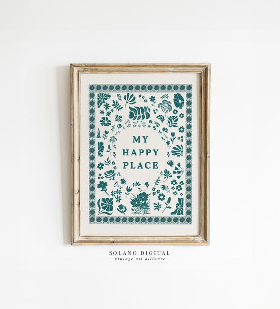 My Happy Place Wall Art Cozy Home Decor Typography Trendy For Minimalist Living Room Cottage Kitchen Green Botanical