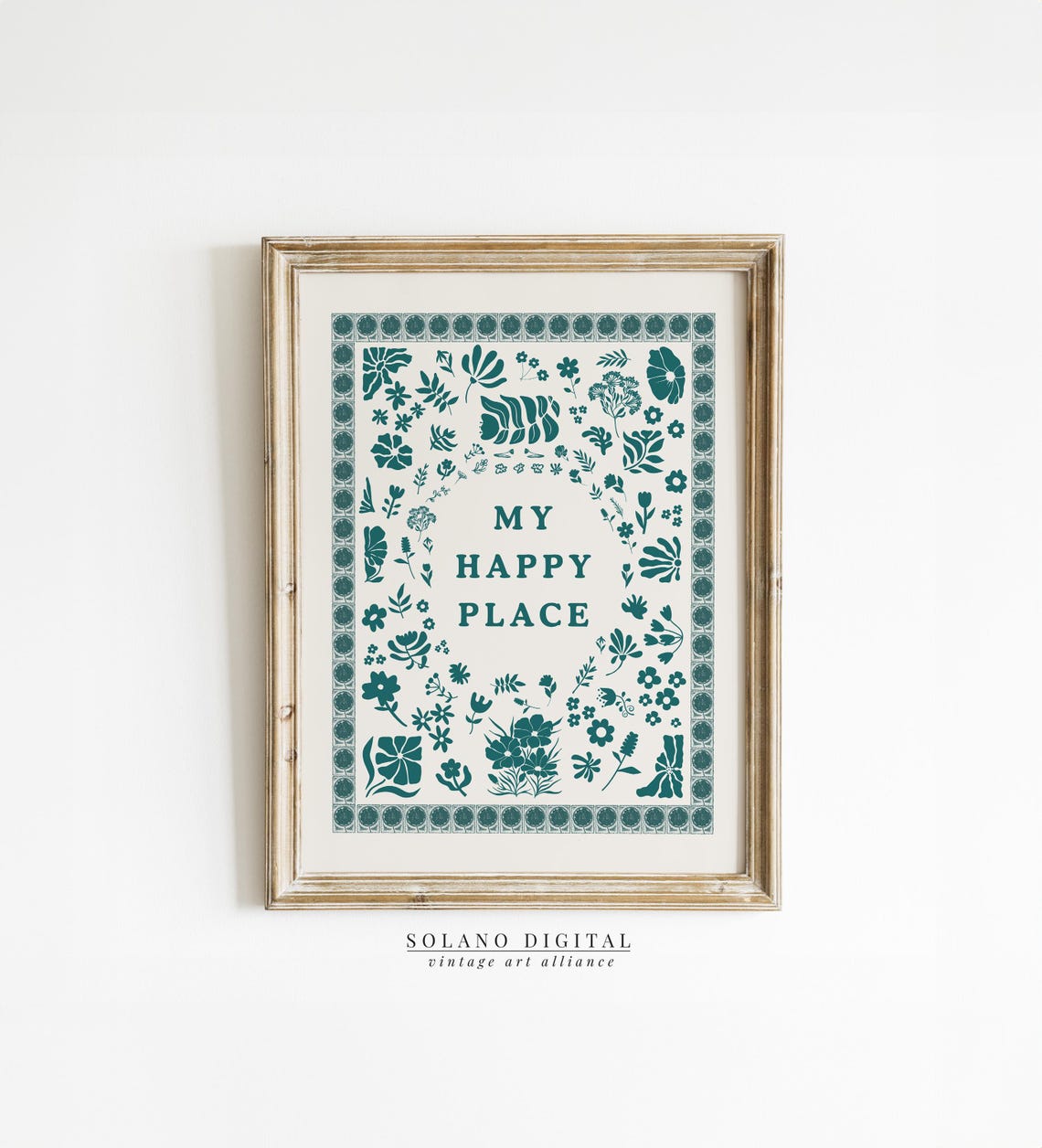 My Happy Place Green Botanical Quote Poster Floral Vintage Wall Decor
