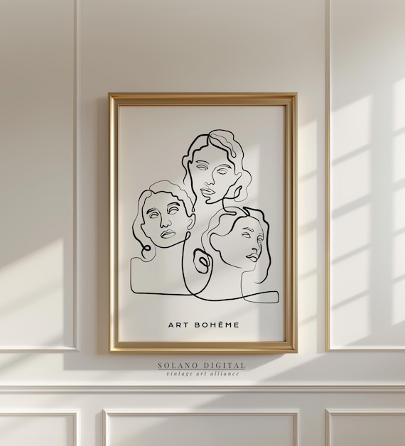 Art Bohème Three Women's Faces Continuous Line Drawing Poster