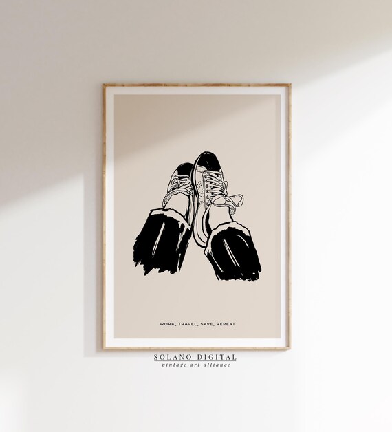 Work Travel Save Repeat Poster Minimalist Wall Art Print Sneaker Illustration Modern Quote